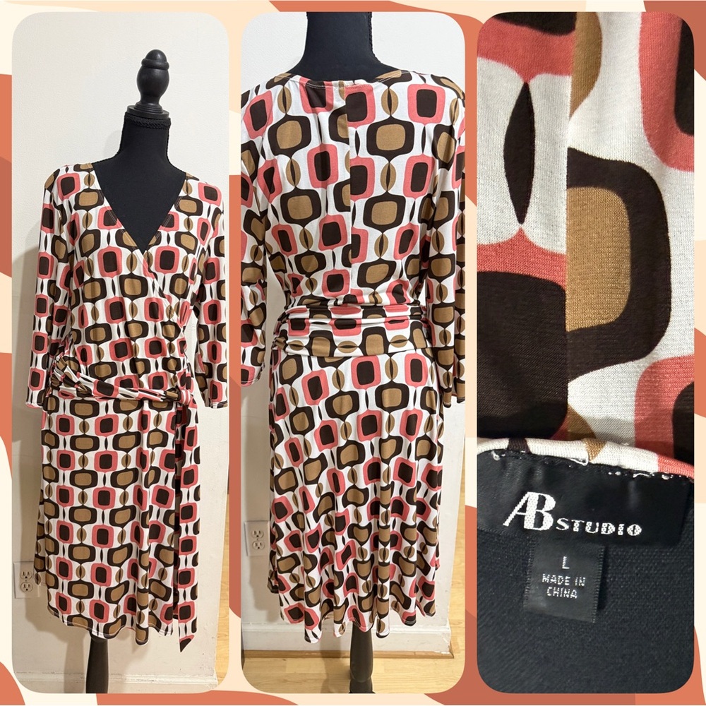 AB Studio Long Sleeve Dress with Geometric Pattern - Black, Brown, Pink-Sz Large